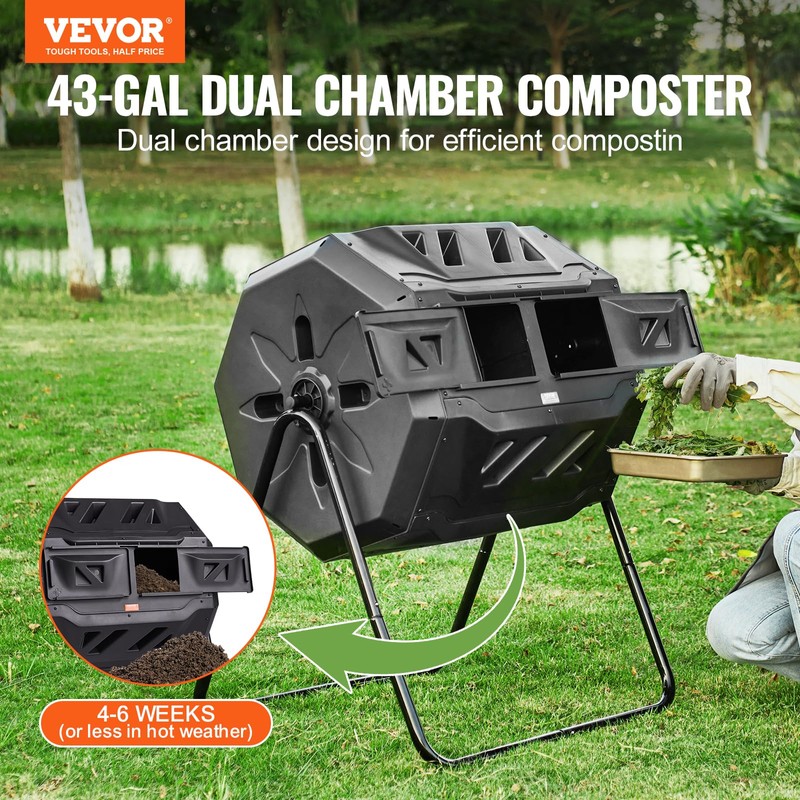 VEVOR Compost Bin, 43-Gal Dual Chamber Composting Tumbler, Large Tumbling