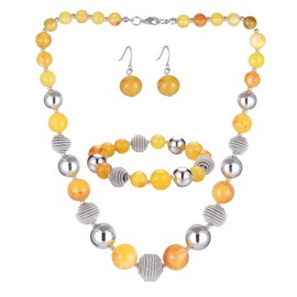 PEARL&CLUB Beaded Chunky Statement Necklace Earring and Bracelet Set Silver Metal Bead Fashion Jewelry Set Mothers’ Day Gifts for Women (Yellow)