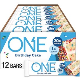 One Barras de proteina sabor Birthday Cake sin gluten, 20g de proteina - 2.12 oz (60gr) por pieza - 12 piezas.