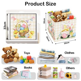 HUUMONSS 30 cm Storage Box Pack of 3 Easter Checked Tulips Storage Basket Children Folding Rabbit Gnome Eggs with Handles Storage Cube Organiser for Toys Books Clothes