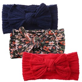 LDDCX Baby Bows Headbands, Hair Bows Hair Accessories, Baby Girls Elastic Hairbands for Daily Wear, Photoshoots.(FD128-Red Navy Blue and flower)