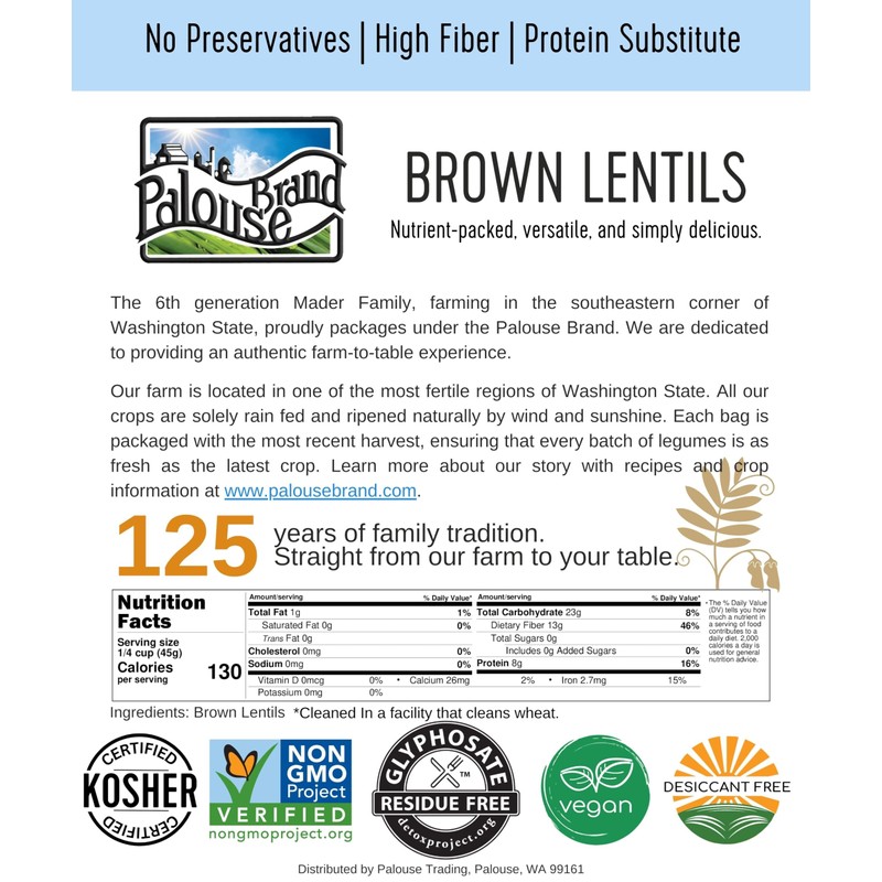 Palouse Brand Certified Glyphosate Residue Free Small Brown Dry Lentils