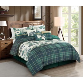 Chezmoi Collection Basin 7-Piece Northwest Cabin Lodge Comforter Set - Blue Green Ivory Tan Grizzly Bear Pine Tree Wilderness Printed Microfiber Bedding, Full