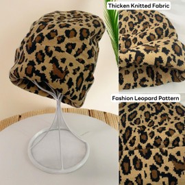 HUSSATOP Beanie Hat for Women Men Unisex Cuffed Y2K Leopard Print Winter Knit Skull Cap Warm Knitted Cap Brown