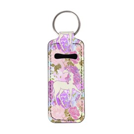 ENLACHIC 2Pcs Unicorn Print Chapstick Holder Keychain Clip-on Lip Balm Holder Chapstick Sleeve Pouch Lipstick Holder Keychain for Women Girls,Unicorn Flower