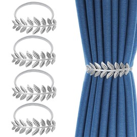 4 Pcs Curtain Tiebacks, Decorative Modern Style Curtain Ties for Drapes with Metal Leaf Design, Adjustable Length Spring Curtain Ties for Indoor and Outdoor (Silver_4)