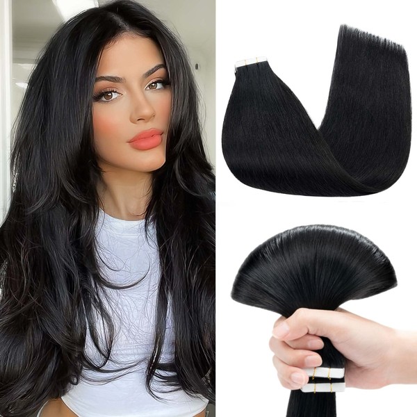 Benehair Tape-In Real Hair Extensions, 35 cm, Invisible Tape-In Hair Extensions, Human Hair, Silky Straight, 100% Remy Hair, 10 Pieces, 20 g, Dark Black #1