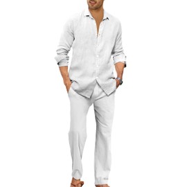 Ryannology Men 2 Piece Linen Sets Outfits Drawstring Pants Button Down Long Sleeve Shirts Casual Beach Wedding Fashion Sets