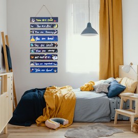 Inspirational Wall Art Decor, Space/Dream Themed Bedroom Decor, Rustic Wall Hanging Sign Motivational Wooden Decor with Inspirational Quotes for Home Office Living Room Bedroom (Blue)