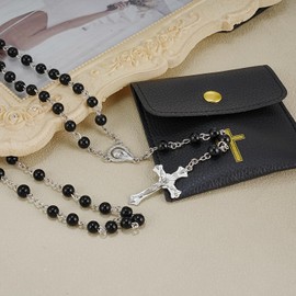 OEMOO Rosary Beads Catholic, Rosary Necklace with Leather Pouch, Prayer Beads Christian Gifts for Women Catholic Gifts (Black)