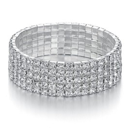 Yumei Jewelry 5 Strand Rhinestone Stretch Bracelet Silver-tone Sparkling Bridal Tennis Bangle