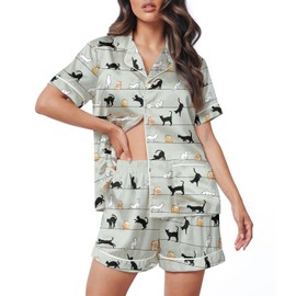 CENCORY Silk Pajama for Women set 2 piece short Sleepwear Loungewear set S-XXL for Mom, Sister, Girlfriend Black cat L