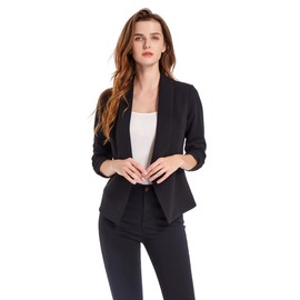 Women's Lightweight 3/4 Ruched Sleeve Business Casual Blazers One Button Work Office Blazer Suit Jacket (XL, 01 Black)