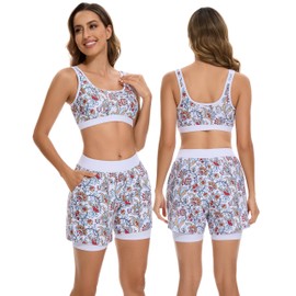 Cagola Rash Guard for Women 3 Piece Swimsuits Long Sleeve Bathing Suit with Boyshorts and Bra Ladies Swim Over 50 UPF 50+ White & Red Flowers S