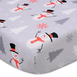 YHITBG Christmas Crib Sheet, Fitted Crib Sheet with Christmas Snowman, Snowflake, Pine Tree, Measuring 52'' x 28'' to fit Standard Crib & Toddler Mattresses, Gray