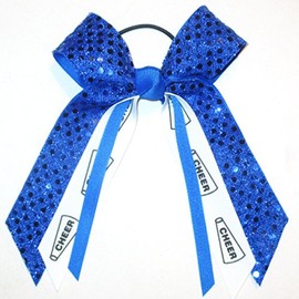Cheerleading Soft Touch Sequin Hair Bow, Made in the USA, White Pony Band, (Royal Blue)