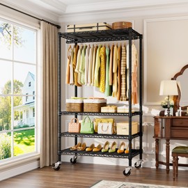 ULIFHOME P9 Rolling Clothes Rack Heavy Duty, Clothing Racks for Hanging Clothes, 4 Tiers Garment Rack with Wheels, Metal Portable Closet Rack, 35.5" L X 15.8" W X 80.5" H, Max Load 445 LBS, Black