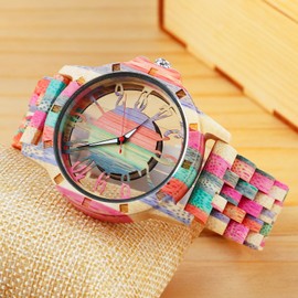 Realpoo Colorful Hollowed Out Arabic Numeral Dial Quartz Wooden Men's Watch, Quartz Movement Natural Wooden Watch Strap for Men- Colored