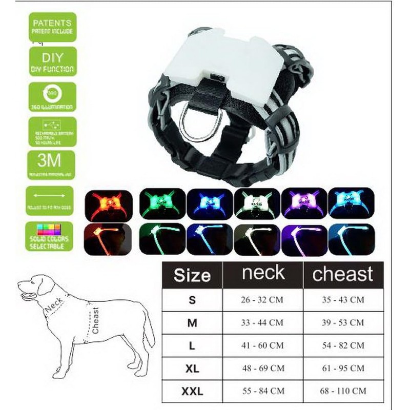 CC SIMON Dog Harness LED Light Up,USB Rechargeable Multicolor Light,