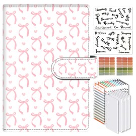 ALKKDPS Budget Binder with Cash Zipper Envelopes, Cute A6 Money Saving Binder, PU Leather Money Organizer, Cash Envelopes and 12 Expense Budget Sheets for Budgeting White Pink Bows