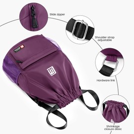 Eucomir Gym Bag Drawstring Waterproof Sports Bag, Large Drawstring Bag with Mesh Pockets, Water, Waterproof Nylon Bag with Drawstring, Gym Bag Women Men for Sports Swimming, Purple