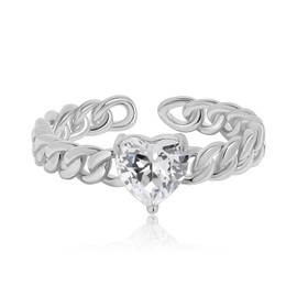 Meissa Goldene Herzringe für Damen Cuban Link Gold Plated Breiter Bandring Rosa Versprechensring Verstellbare Größe 49-61, Silber, Klarer Stein