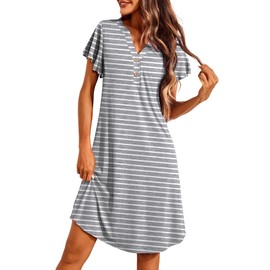 Ekouaer Nighties for Women Nightdress Short Sleeves Sleep Dress Nightgown Soft Sleepwear Ladies Loose Loungwear V Neck Nightshirts,Gray White Stripes,XXL