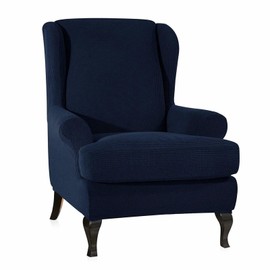 ENOVA FLORAL 2 Piece Wingback Sofa Chair Covers, Wingback Armchair Slipcovers, Sofa Covers Spandex Fabric Stretch Wing Chair Furniture Protector for Living Room (Dark Blue)