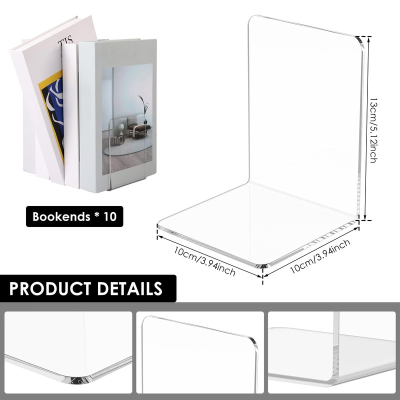 FwQoFvk 10Pcs Transparent Acrylic Bookend L Shape Book End Space