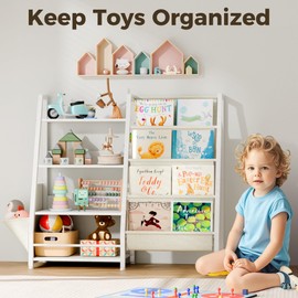 infurnic 4 Tier Kids Bookshelf with Extra Pocket, Toddler Bookshelf and Toy Storage Organizer for Kids, Kids Bookcase Nursery Book Shelf for Kids Room, Bedroom, Playroom and Nursery, White