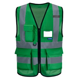 AYKRM 21 Colours Safety Vest Reflective Safety Vest with Reflective Strips with Zip and Pockets Work Vest, Green