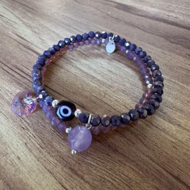 Agálea | Set 2 Pulseras Ojo Turco de Plata de ley .925 con Cristal | Morada | 17 cm