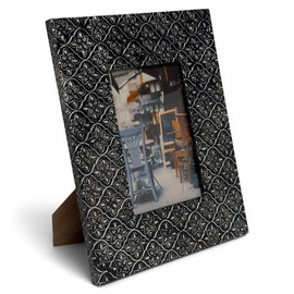 IHI EST. 1986 Moroccan Motif Design - 9 x 7 Inch; Holds 4 x 6 Inch Print Black/Silver Tone Wooden Tabletop Photo Frame
