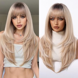 MS.FEEL Wig with Bangs Long Straight Layered Wigs Natural Looking Synthetic Glueless Wigs for Women Daily Party Use 24 Inch (Blonde, 24 Inch)
