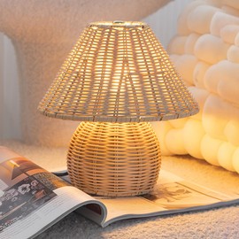 Quipzora Rattan Table Lamp,Small Rattan Lamp,Bamboo Handmade Boho Beside Lamps,3 Colors Modes Vintage Wicker Wooden Nightstand Light for Bedroom Living Room Home Office Art Decor,7W E26 Bulb Included