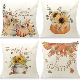 Cirzone Autumn Decorative Autumn Cushion Cover 45 x 45 cm Set of 4 Sunflower Pumpkin Autumn Decorative Cushion Autumn Decoration for Home Garden Sofa Bedroom