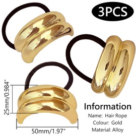 Pack of 3 Metal Hair Scrunchies Ponytail Hair Cuff, Fashion Elastic Elliptical Hair Band, Girls Metal Hair Cuff, Hair Accessory Metal Hair Ring for Women (Gold)