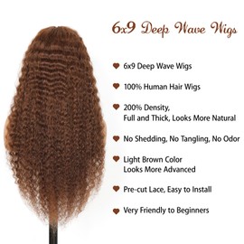 Real Hair Wig, Light Brown #4, Deep Wave, 9x6 (30x15 cm), Pre-Cut Lace Front Wig, Glueless Wig, Human Hair, 100% Unprocessed Brazilian Human Hair Wig, Natural Hairline, 22 Inches (56 cm)