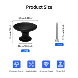 GOTRUST 15PCS Black Drawer Knobs 30mm, Cabinet Door Knobs Black Solid Kitchen Cupboard Round Door Handles, Mushroom Drawer Knobs with Screws for Furniture Cupboard Door Kitchen Wardrobes