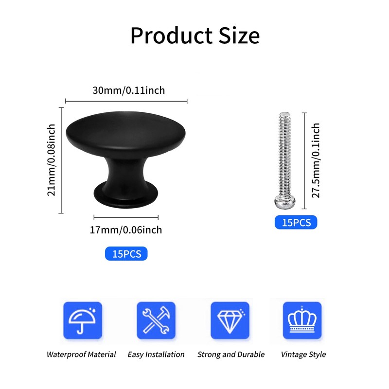 GOTRUST 15PCS Black Drawer Knobs 30mm, Cabinet Door Knobs Black