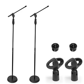 AxcessAbles MS-201RB One Hand Microphone Stand with Weighted Heavy Round Base and Quick Grip Height Adjustment - Telescoping Mic Boom Arm Included. Tall Microphone Stand for Singing 2-Pack