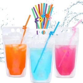 100 Pcs Drink Pouches Bags with 100 Straw Holes, Freezable Juice Bags, Transparent Reclosable Zipper Plastic Drink Pounches for Cold & Hot Drinkings for Adults and Kids