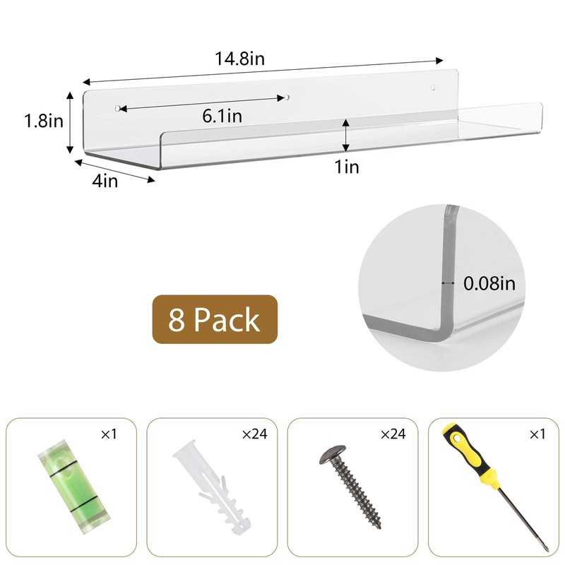 Tbestmax 8 Pack Floating Shelves for Wall, 15 inch Clear