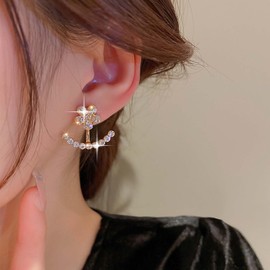 Aneneiceera Boho Crystal Flower Ear Jacket Earrings Crystal Flower Stud Earrings Gold Rhinestone Ear Climber Earrings Shine Cz Front Back Earrings Jewelry for Women