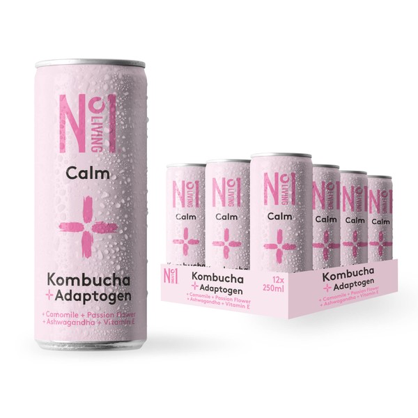 No.1 Living Plus Calm Kombucha Drink – Chamomile 24x 250ml Cans – Great Tasting Authentically Brewed Kombucha with Live Cultures and Adaptogens – Added Ashwagandha