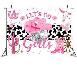 Ufeela Cowgirl Backdrop for Girl Western Pink Disco Birthday Decor Let's Go Rustic Cow Print Party Banner Cactus Hat Boots Wild West 7Wx5H Feet Fabric Polyester Photography Background Photo Shoot Prop