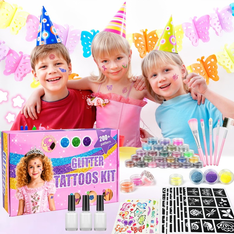 Children's Glitter Tattoo Set, 36 Colours, Waterproof Glitter Tattoos