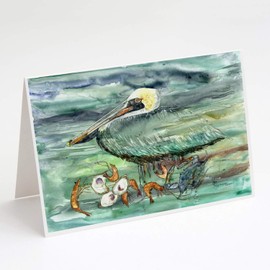 Caroline's Treasures Watery Pelican, Shrimp, Crab and Oysters Greeting Cards and Envelopes Pack of 8