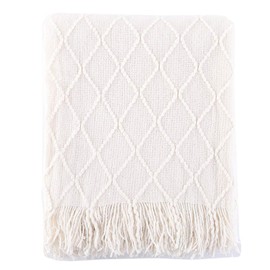 BATTILO HOME White Throw Blanket Diamond Pattern Indoor Outdoor Knitted Throws for Sofa Couch Chair Bed Home Decor 51"x78"