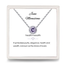 Presentski Alexandrite Jun Birthstone Necklace - Purple Crystal Dainty Necklace Pendant Sterling Silver, Genuine Moonstone Solitaire CZ Necklaces
